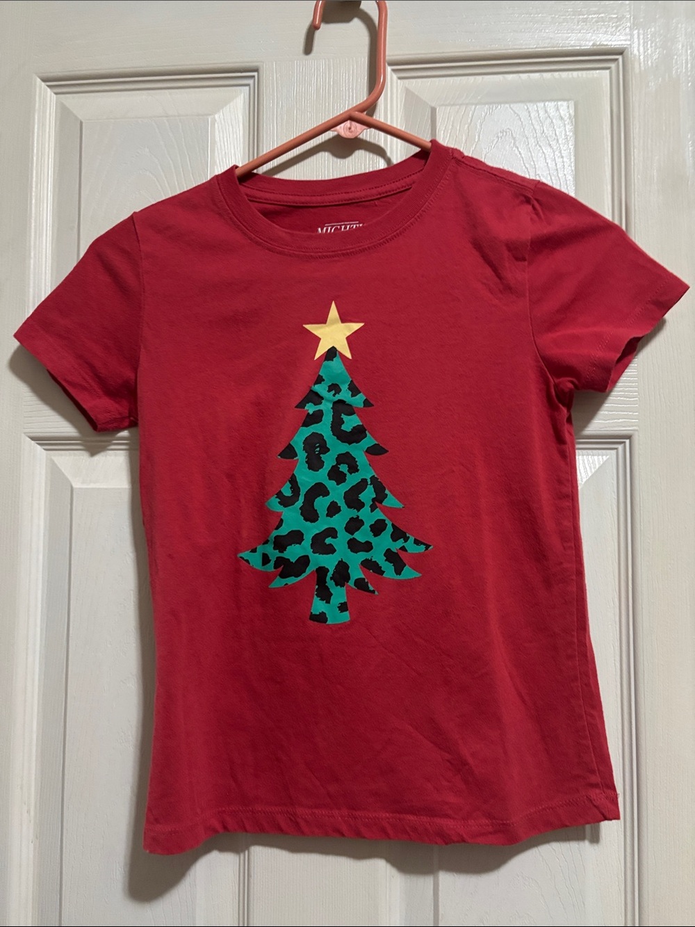 Mighty Fine Red Tee with Green Leopard-Print Tree & Gold Star